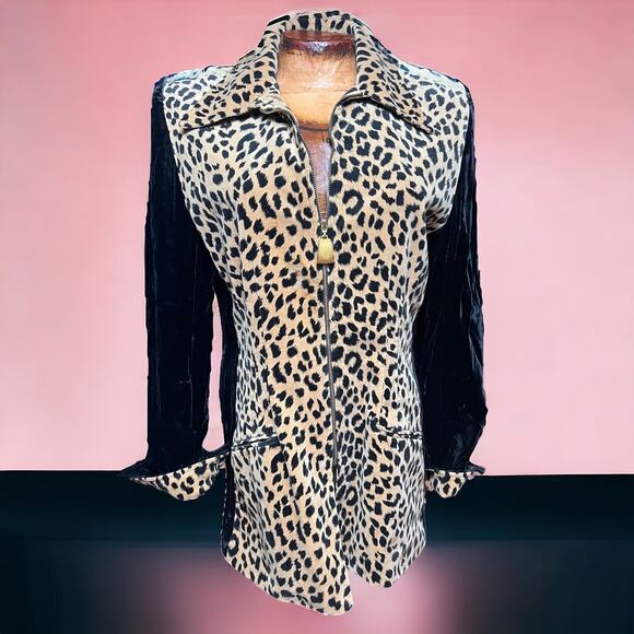 VINTAGE 80s Caché Flared Bratty Leopard Print Velvet Coat Flip Cuff Size 10 - Picture 8 of 8